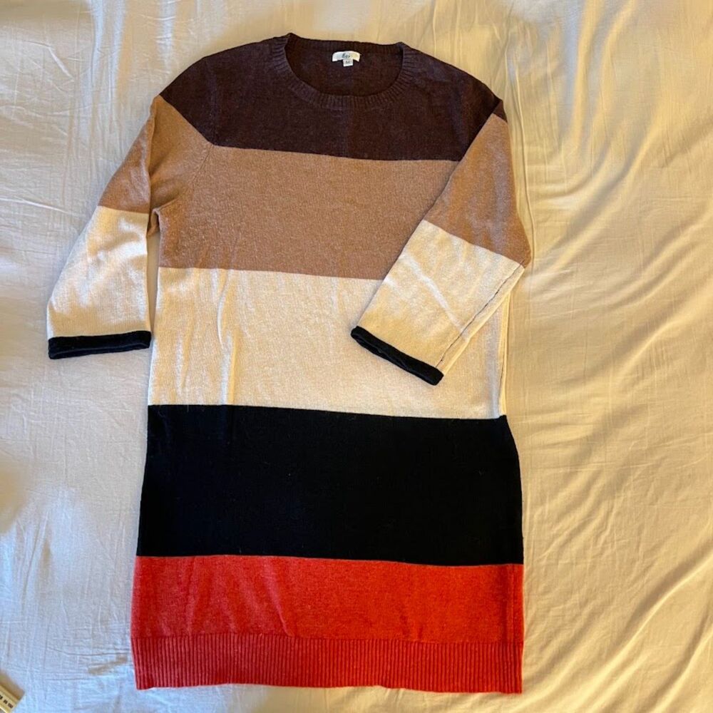 Egs Color Block Dress 3/4 Length Sleeves, Fall Colors Cashmere Blend, Size M